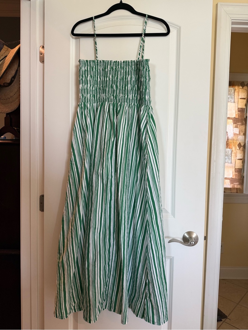 LOFT Green and White Striped Smocked Sundress